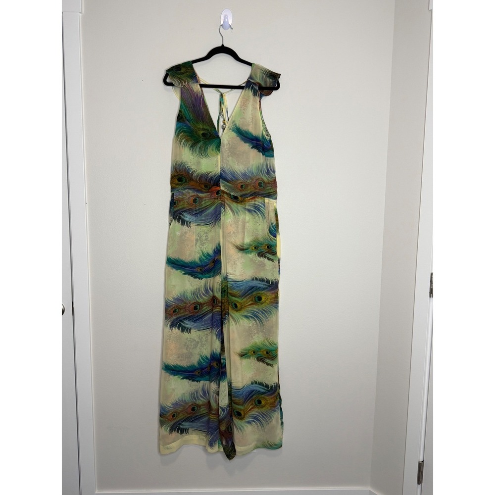 Meghan LA Peacock Feather Print Wide Leg Jumpsuit Green Blue Medium - Picture 2 of 8